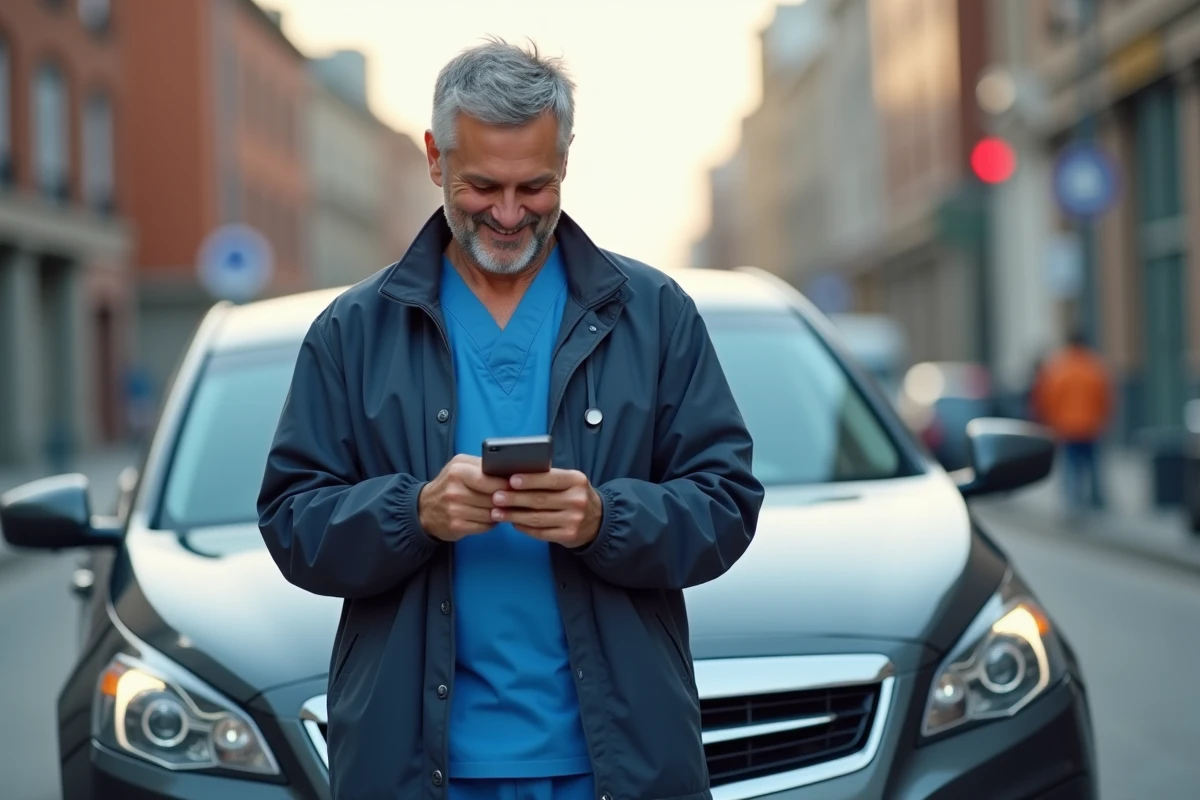 Infirmier dehors vérifiant son smartphone près de sa voiture