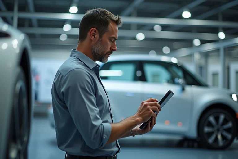 Ingénieur automobile analysant un prototype futuriste sur tablette