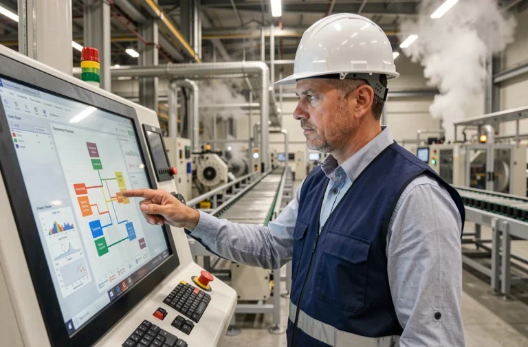 Ingénieur industriel consultant un tableau de bord numérique en temps réel sur un écran tactile dans une usine moderne