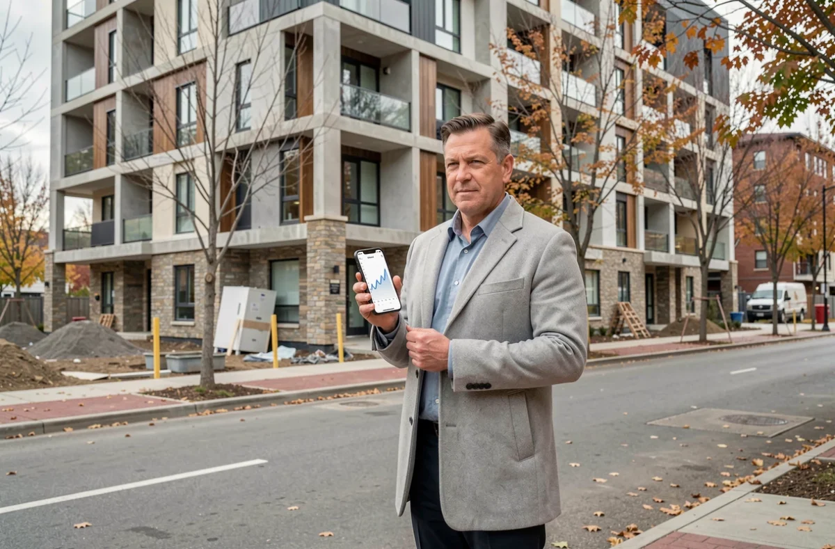 Investisseur immobilier devant un immeuble résidentiel neuf en ville tenant un smartphone avec des données de marché