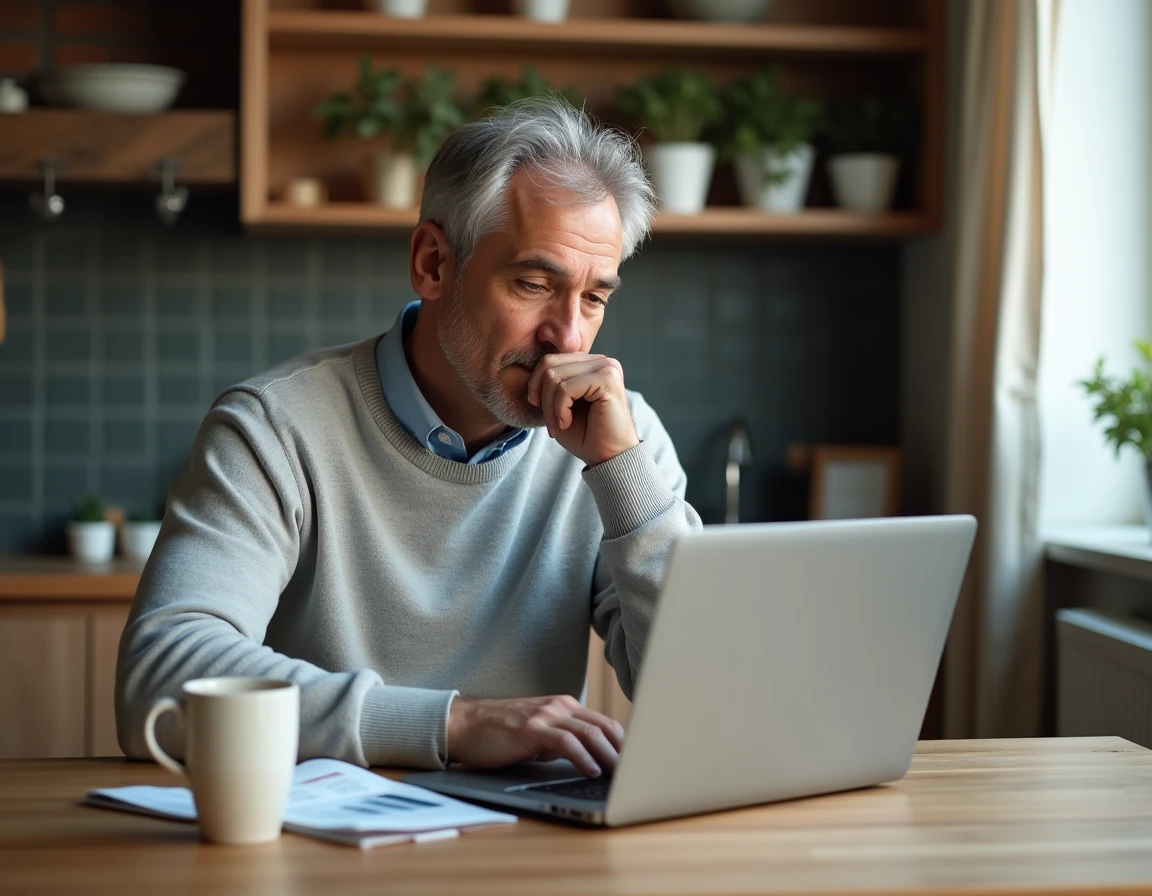 Investisseur particulier consultant son portefeuille d'obligations à taux fixe depuis son domicile
