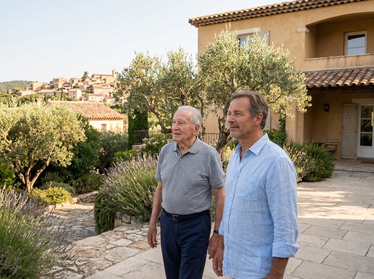 Un résident et un proche se promenant dans le jardin méditerranéen d'une résidence senior à Cagnes-sur-Mer