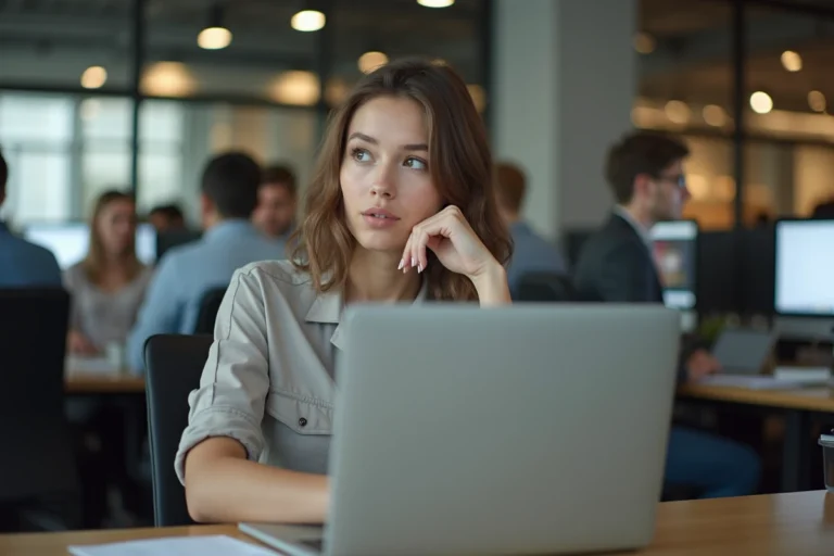 Jeune femme au bureau écoute attentivement lors d'un entretien