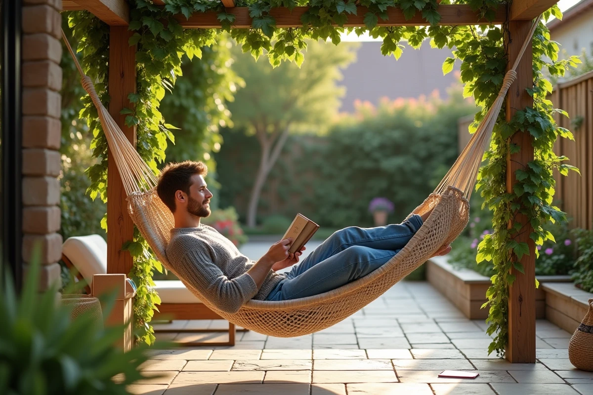 Jeune homme relaxant dans un hamac sous une pergola fleurie