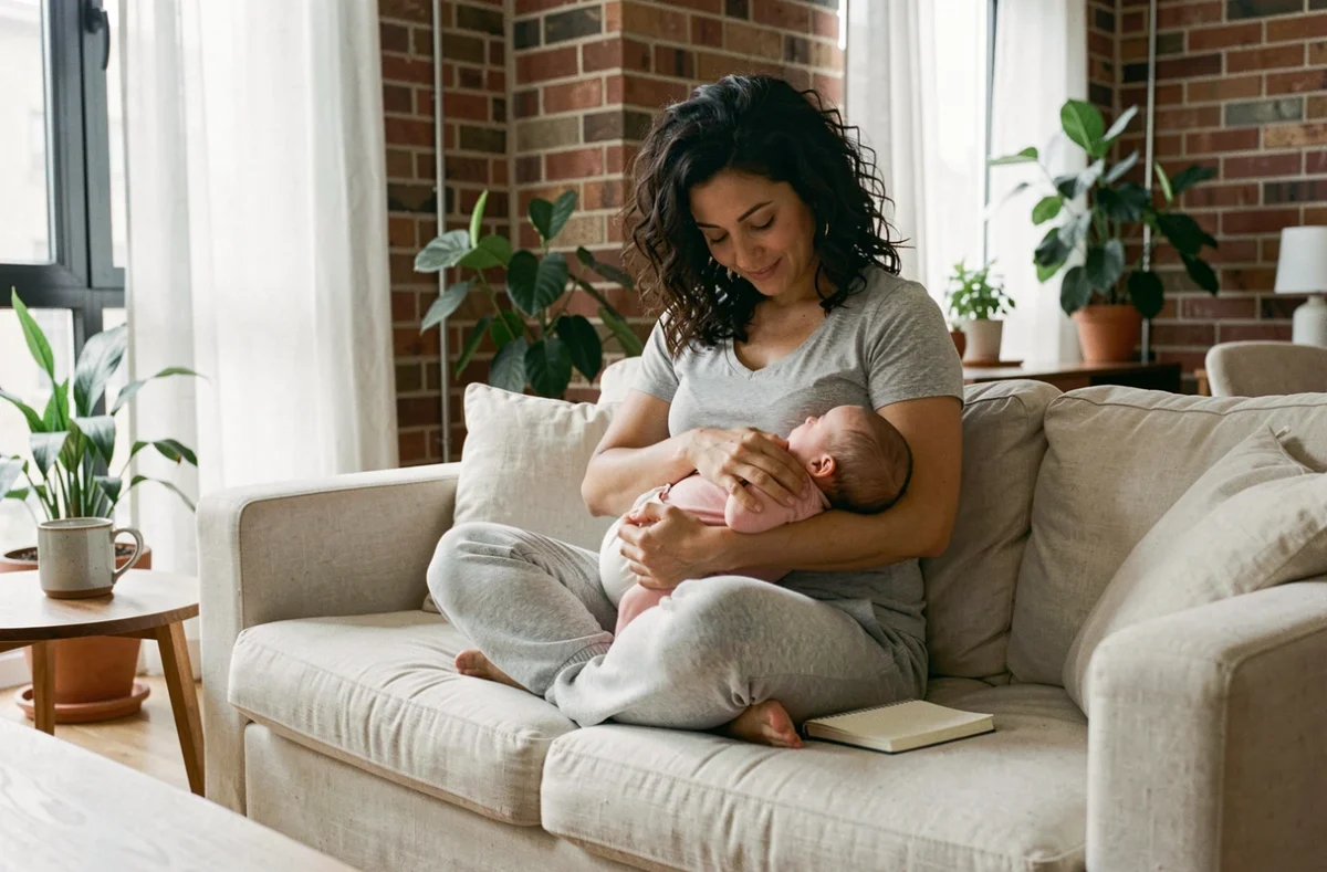 Maman allaitant son bébé sur un canapé dans un salon moderne et chaleureux