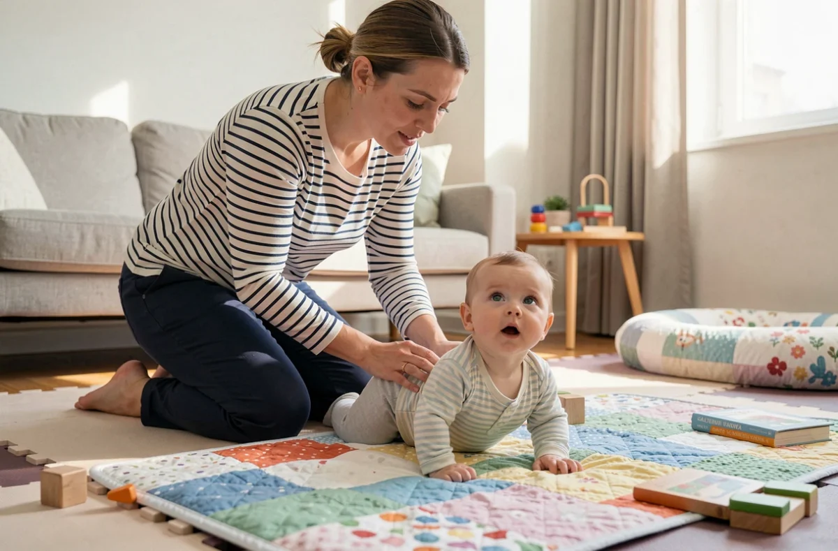 Maman accompagnant son bébé lors d'une séance de temps sur le ventre sur un tapis de jeu coloré