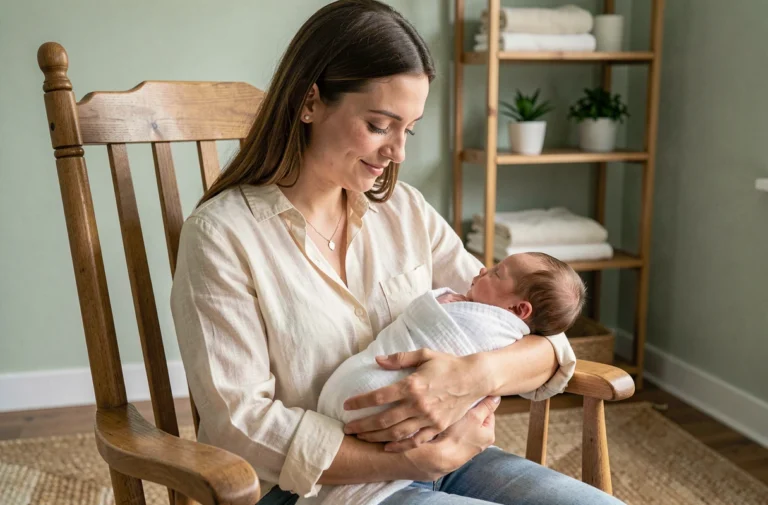 Jeune maman tenant son nouveau-né dans ses bras dans une chambre de bébé apaisante aux tons naturels