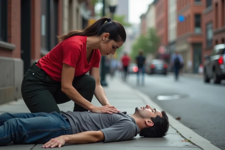 Femme pratiquant un massage cardiaque sur un homme allongé sur le trottoir, geste de secourisme en milieu urbain
