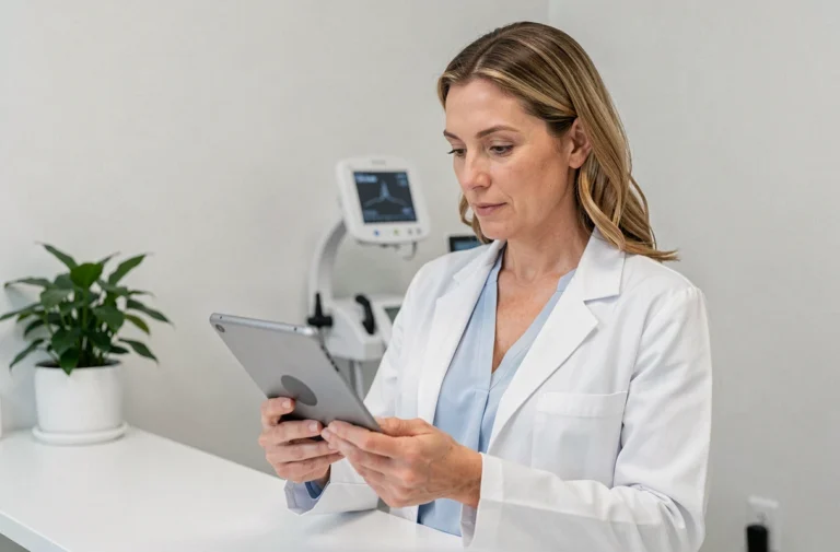 Médecin femme consultant des données de santé numériques sur une tablette dans un cabinet médical moderne