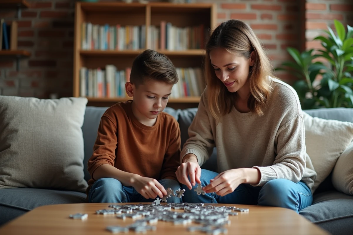 Mère et adolescent assemblant un puzzle dans le salon, activité familiale pour renforcer la complicité