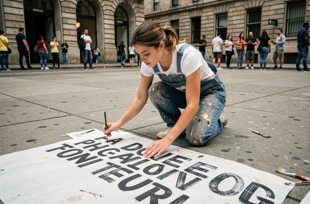 Jeune femme militante peignant une banderole revendicatrice dans un espace public, symbole de l'engagement féministe et de l'émancipation des femmes