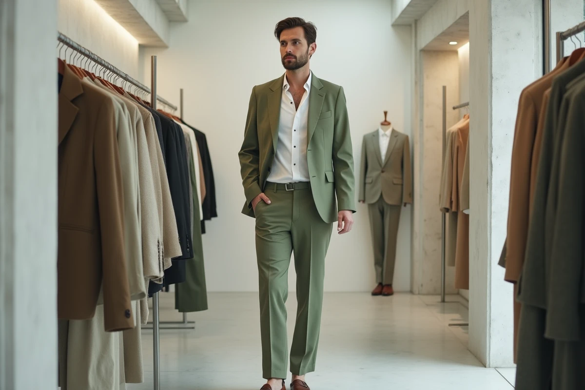 Homme en costume lin vert sauge dans une boutique de mode minimaliste, tendances mode masculine 2024