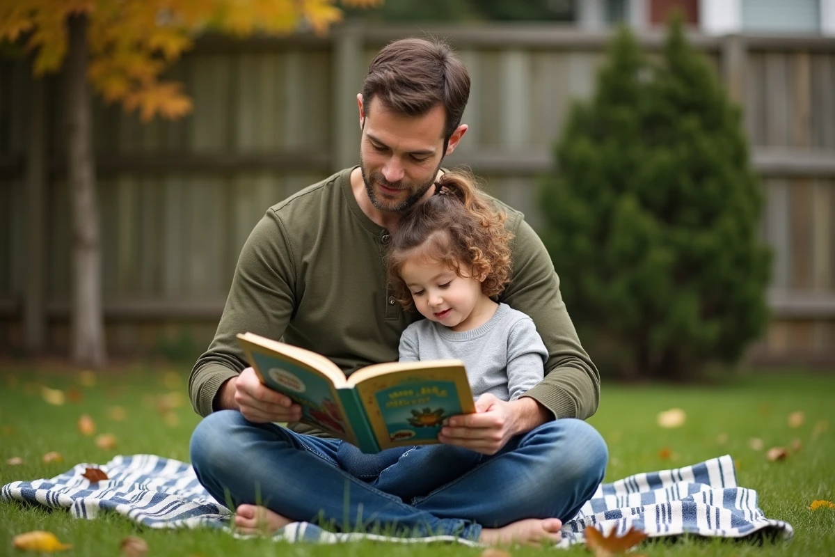Père lisant un livre à sa fille dans le jardin, moment de complicité familiale au quotidien