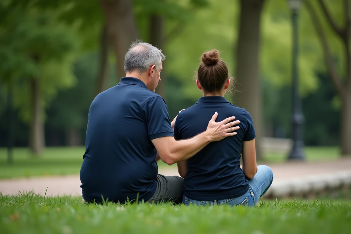 Homme plaçant une femme en position latérale de sécurité dans un parc, geste de premiers secours PLS