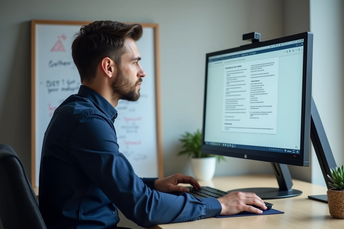 Homme s'entraînant au CAP RLA sur ordinateur de bureau avec tableau blanc de révision dans un bureau minimaliste