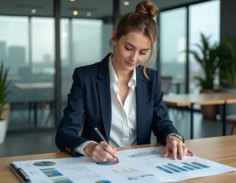Professionnelle en blazer marine analysant un plan de campagne de marketing digital imprimé sur un bureau en open space moderne
