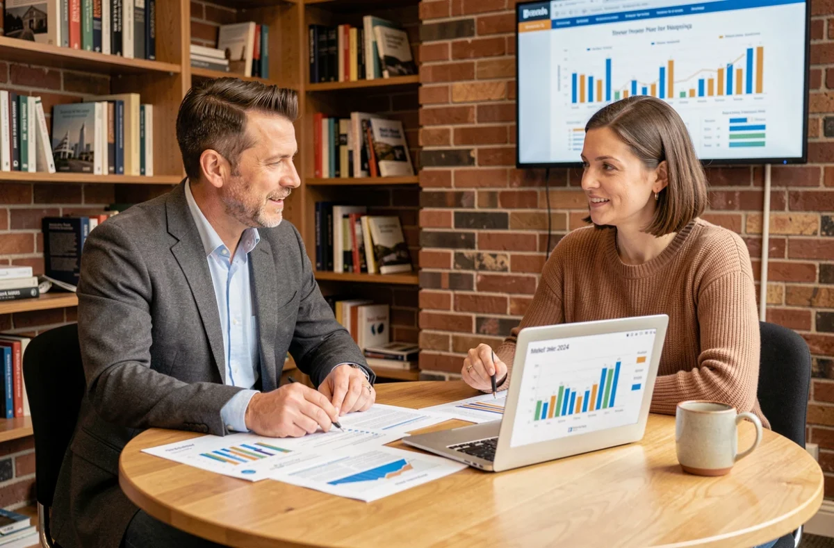 Deux professionnels de l'immobilier analysant ensemble des rapports de tendances du marché immobilier 2024 dans un espace de coworking