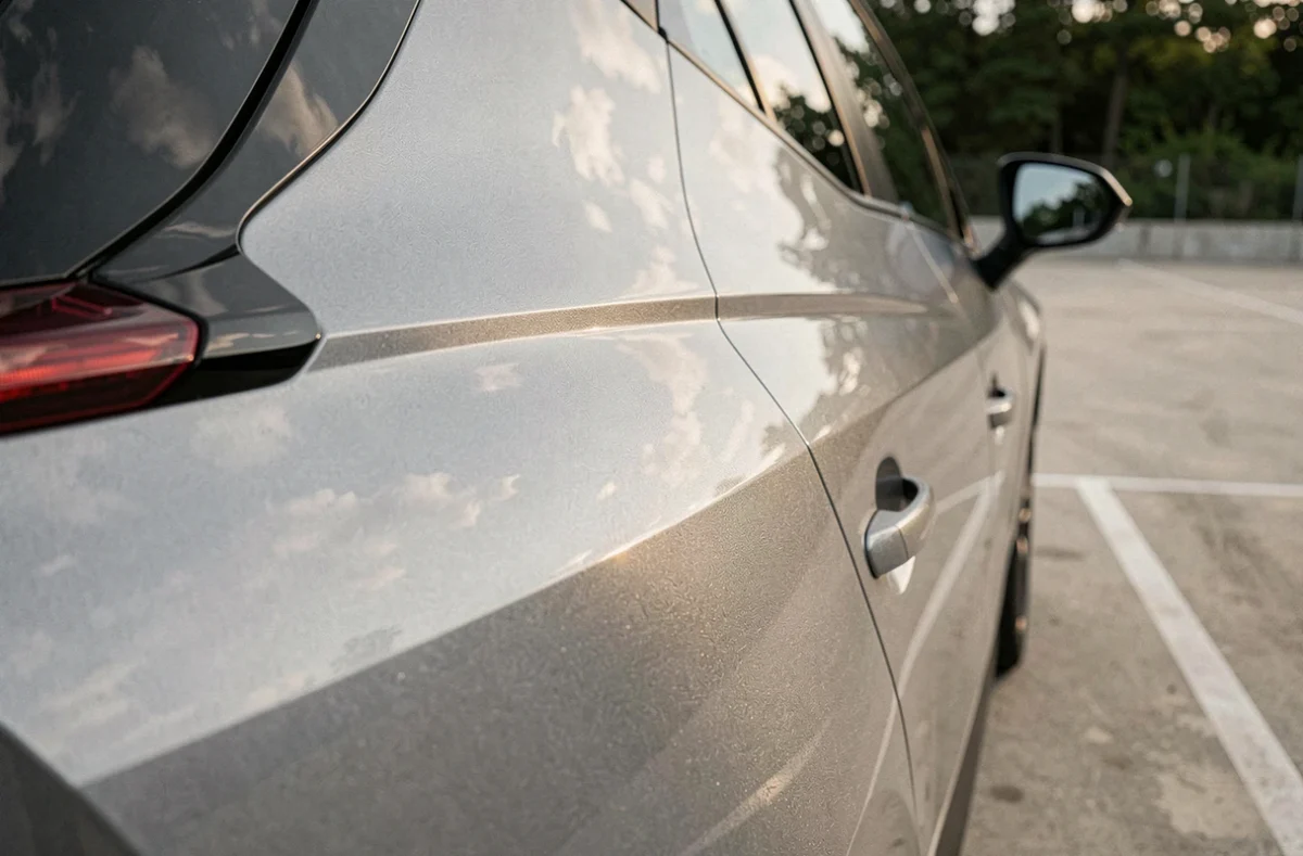 Détail de la carrosserie gris rafale de la Renault Symbioz, reflets métalliques et texture du vernis en gros plan