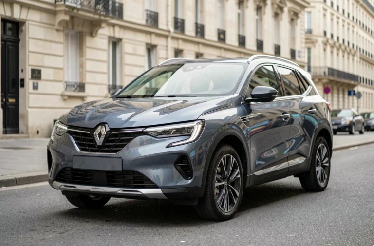 Renault Symbioz en gris rafale métallisé dans un environnement urbain, reflets bleutés sur la carrosserie