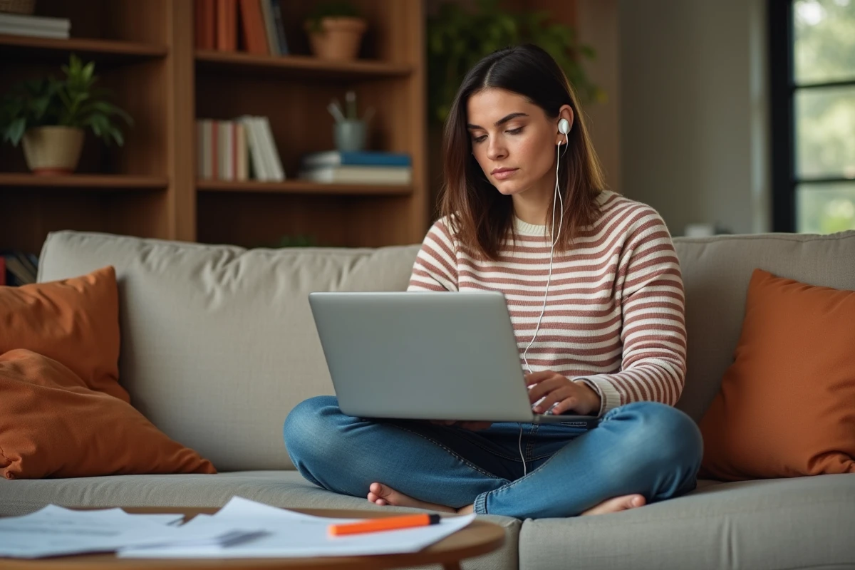 Femme révisant pour le CAP RLA sur ordinateur portable depuis son canapé avec documents imprimés et écouteurs