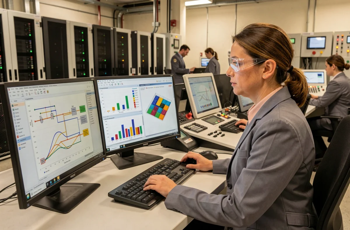 Ingénieure analysant des logiciels d'optimisation de processus industriels sur des écrans dans une salle de contrôle moderne