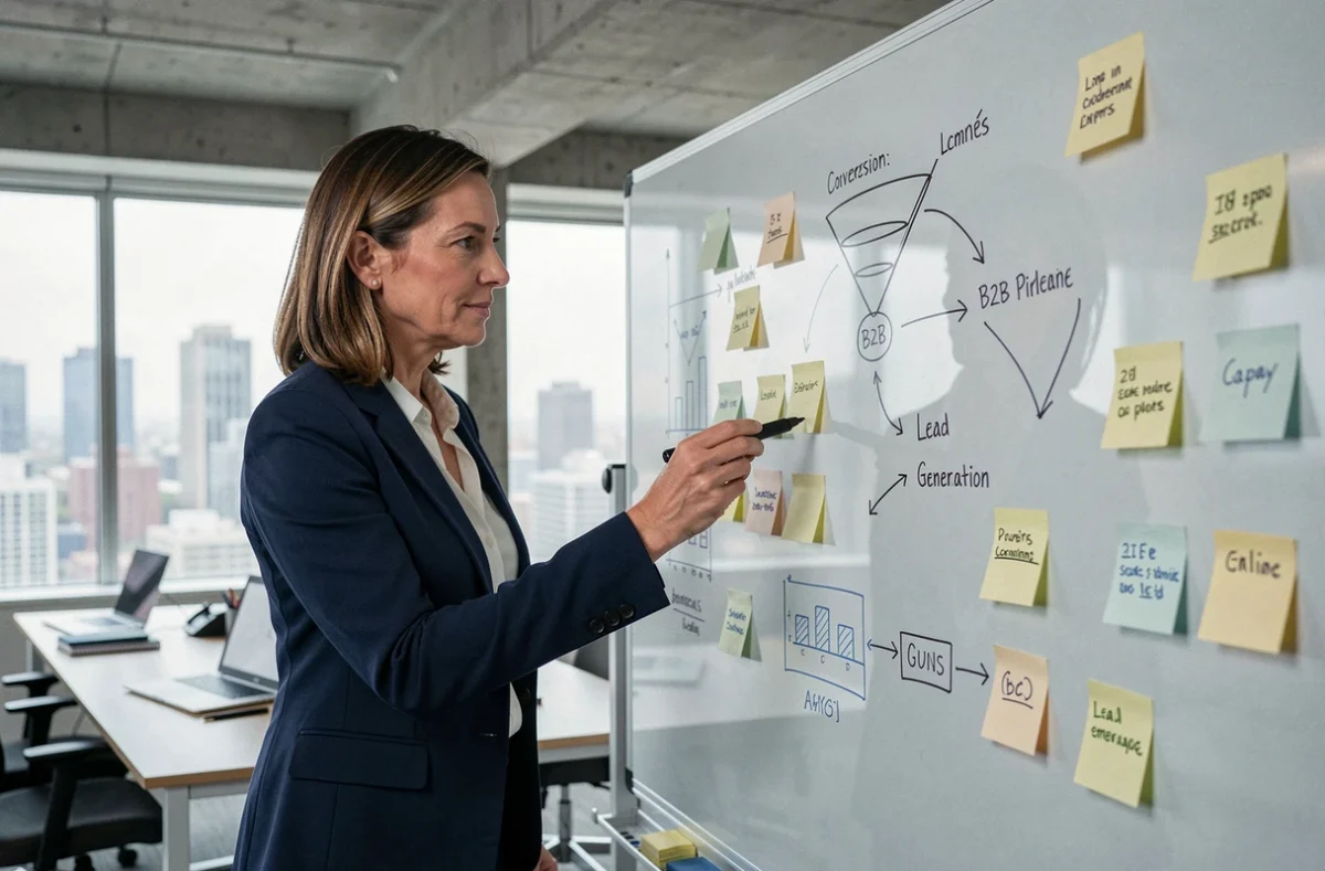 Responsable marketing B2B présentant une stratégie de génération de leads qualifiés sur un tableau en verre dans un bureau moderne