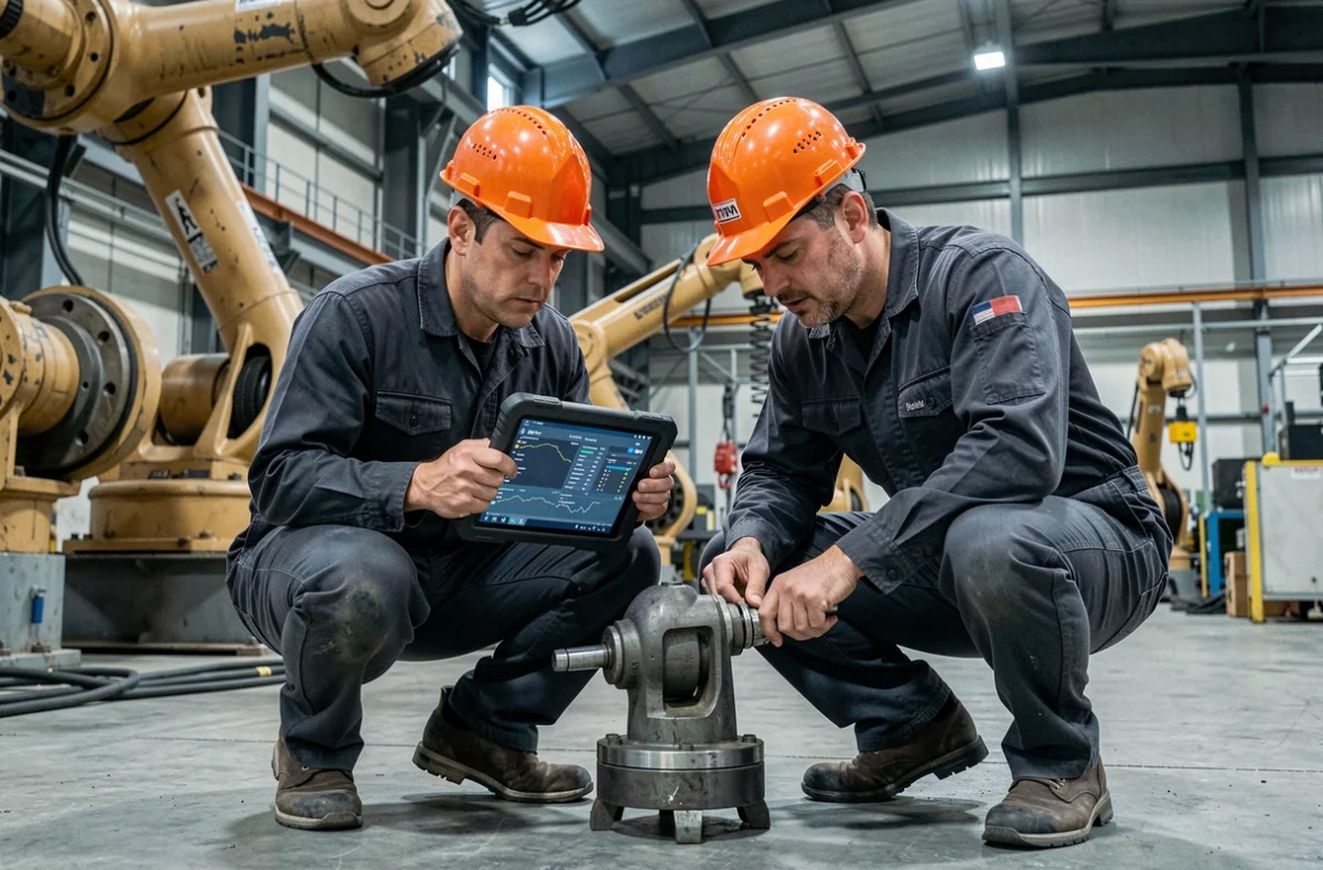 Deux techniciens industriels utilisant une tablette numérique pour diagnostiquer un bras robotique automatisé en usine