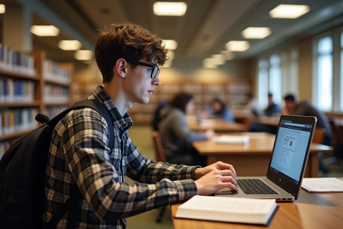 Étudiant utilisant un site de téléchargement illégal sur son ordinateur dans une bibliothèque universitaire