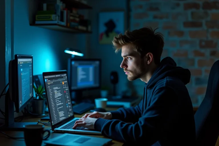 Jeune homme en sweat à capuche naviguant sur un site de téléchargement illégal depuis son appartement la nuit