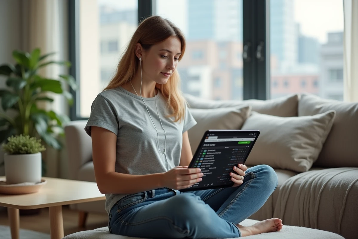 Femme consultant un site de téléchargement illégal sur une tablette dans un salon moderne