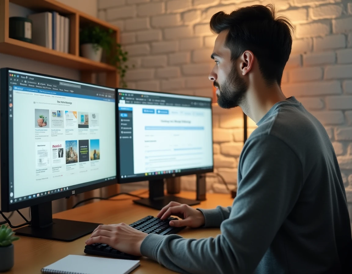 Homme travaillant en télétravail sur une campagne de marketing digital avec deux écrans affichant des outils de planification et de contenu