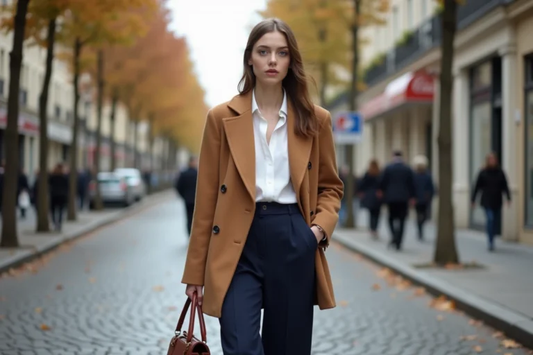 Femme élégante en manteau camel et pantalon large marine dans une rue parisienne, look mode automne 2024