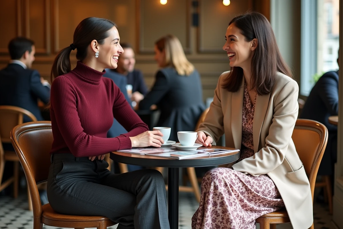 Deux femmes élégantes discutant mode dans un café parisien, styles tendance automne-hiver 2024