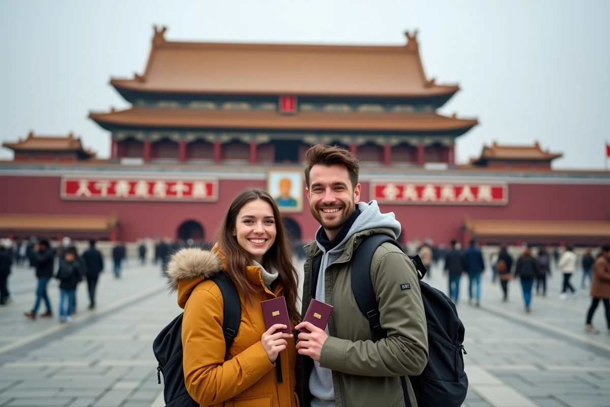 Couple de touristes français devant la Cité Interdite à Pékin tenant leur passeport avec visa chinois