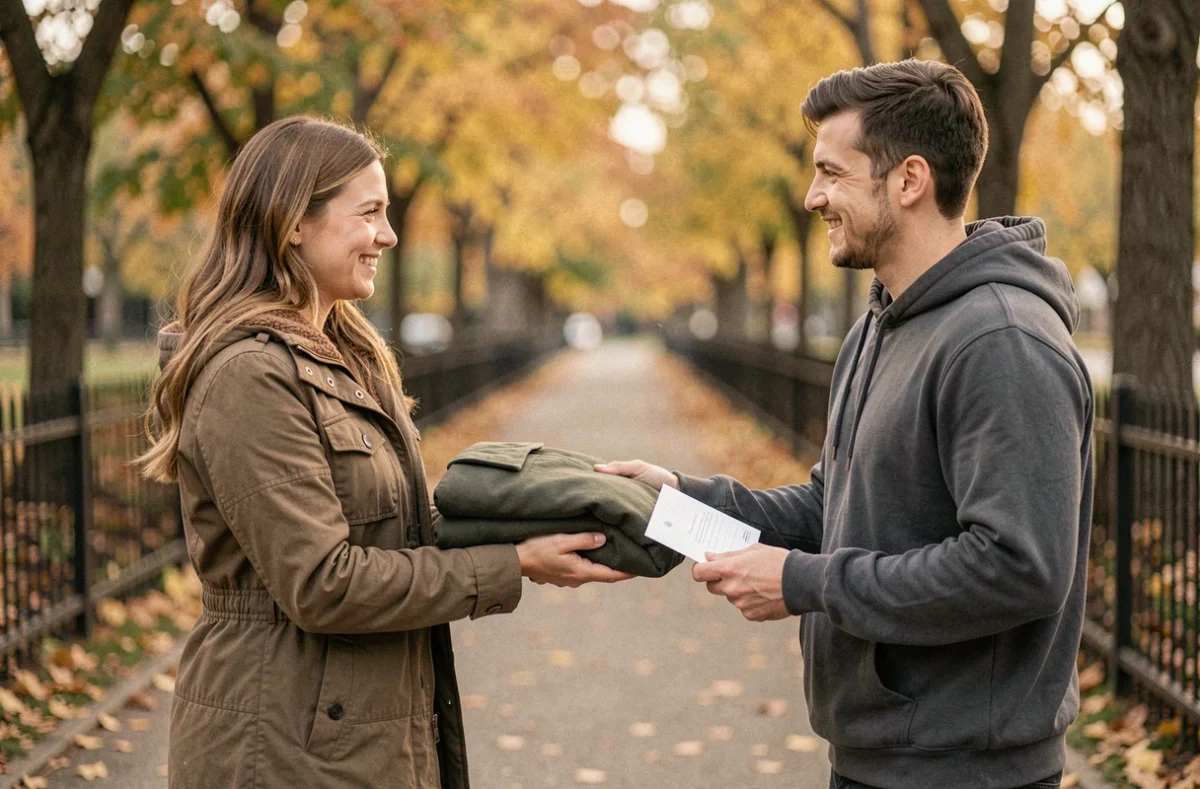 Deux personnes réalisant une transaction d'achat-vente de vêtements d'occasion en plein air après une annonce gratuite en ligne