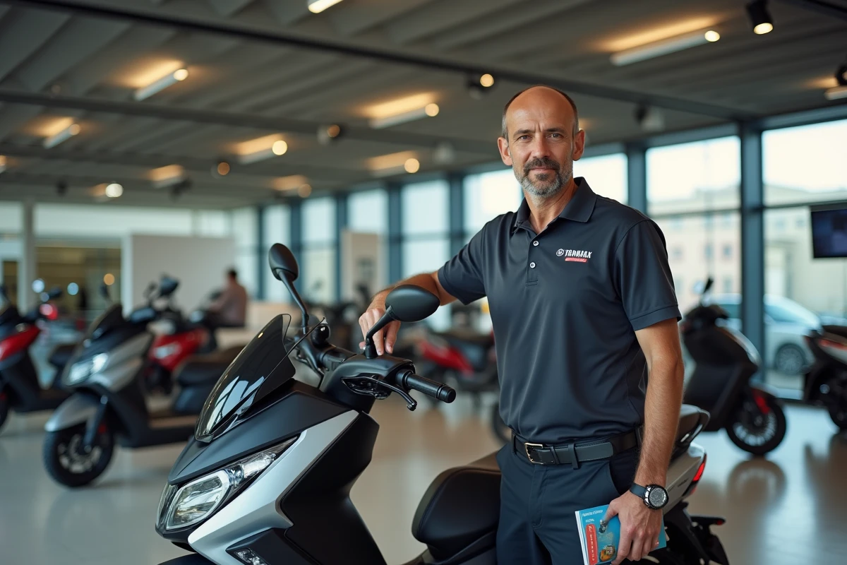Vendeur de concession Yamaha présentant le prix du TMAX 2026 full options dans un showroom moderne en France