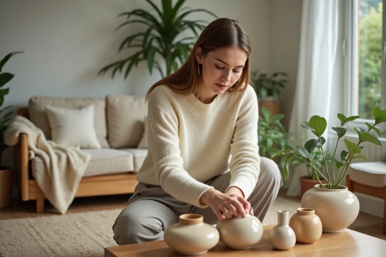 Jeune femme arrangeant des vases en céramique dans un salon moderne