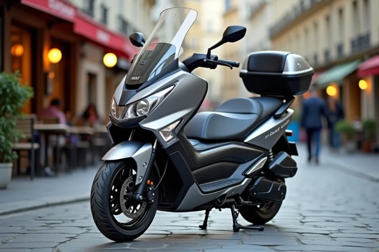 Yamaha TMAX 2026 full options garé dans une rue parisienne avec peinture métallique deux tons et top case intégré